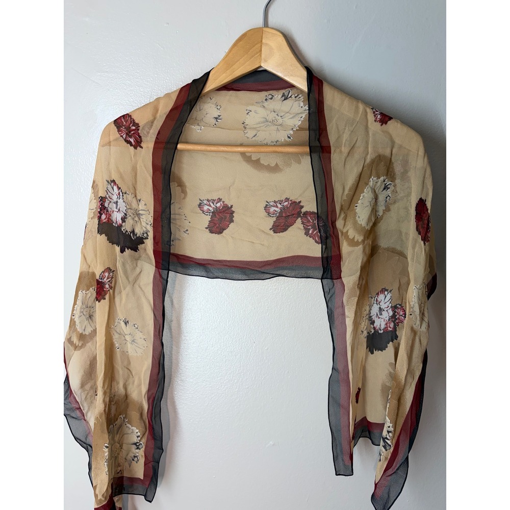 Annex Casual Corner Silk Scarf Made in Italy Floral Sheer Tan Burgundy Black